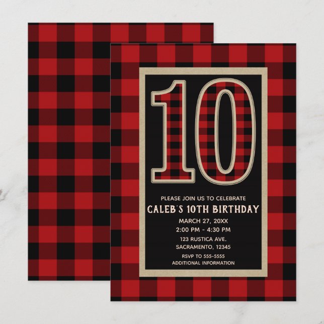 Invitación Fiesta de Cumpleaños número 10 con Cuadro Escocés  (Anverso / Reverso)