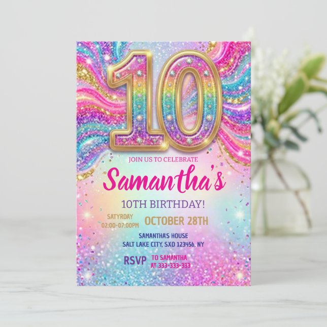 Invitación Fiesta de cumpleaños número 10 con destellos de ar (Anverso de pie)
