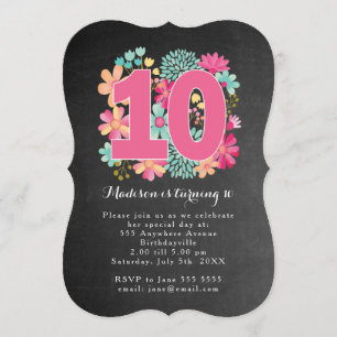 Invitación Fiesta de cumpleaños número 10 con flores pintadas