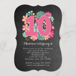 Invitación Fiesta de cumpleaños número 10 con flores pintadas