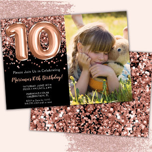 Invitación Fiesta de cumpleaños número 10 con glitter de oro