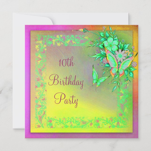 Invitación Fiesta de cumpleaños número 10 de Butterfly Rainbo (Anverso)