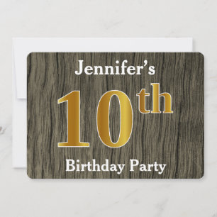 Invitación Fiesta de cumpleaños número 10 de Faux Gold, rústi