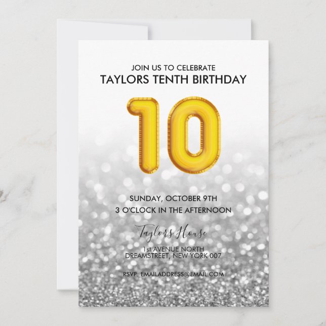 Invitación Fiesta de cumpleaños número 10 de Gold Balloon Sil (Anverso)
