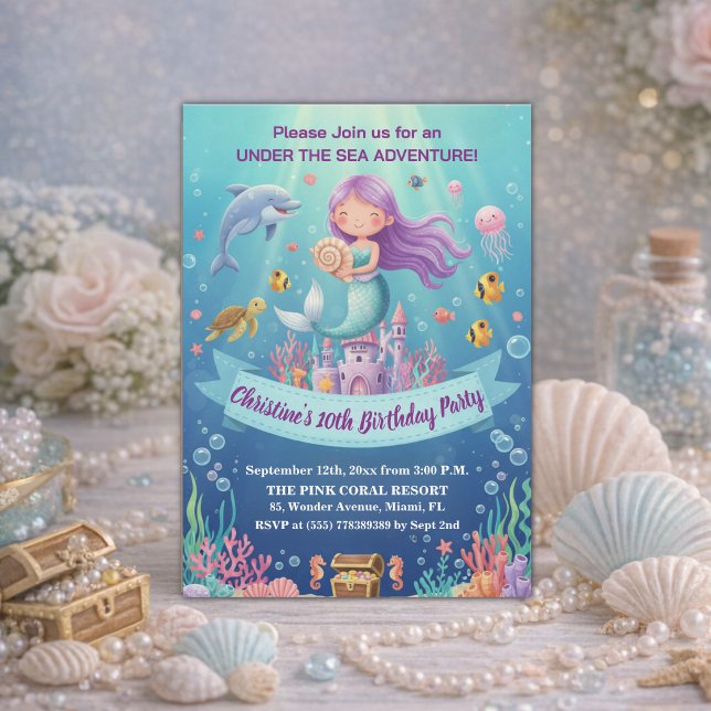 Invitación Fiesta de cumpleaños número 10 de sirena bajo el m (Subido por el creador)