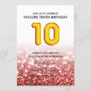 Invitación Fiesta de cumpleaños número 10 del Purpurina Rojo