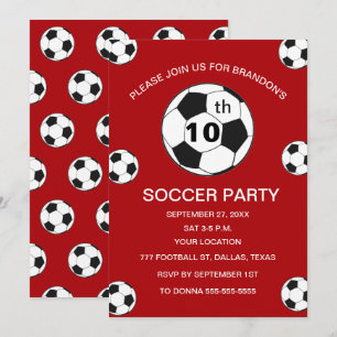 Invitación Fiesta de cumpleaños número 10 Fútbol Rojo Niños D
