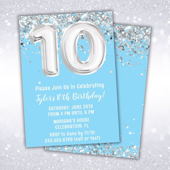 Invitación Fiesta de cumpleaños número 10 Light Blue Silver (Subido por el creador)