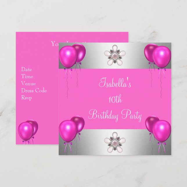 Invitación Fiesta de cumpleaños número 10 Pretty in Pink Glob (Anverso / Reverso)