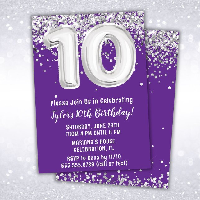 Invitación Fiesta de cumpleaños número 10 Purple Silver (Subido por el creador)