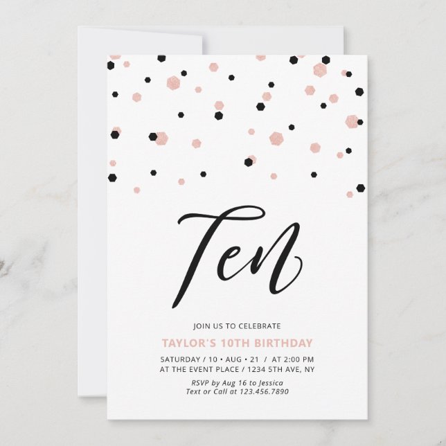 Invitación Fiesta de cumpleaños número 10 sencilla en negro y (Anverso)
