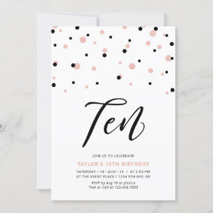 Invitación Fiesta de cumpleaños número 10 sencilla en negro y