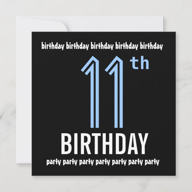 Invitación Fiesta de cumpleaños número 11, azul moderno y neg (Anverso)