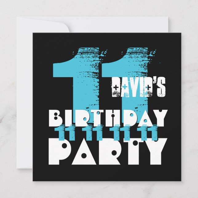 Invitación Fiesta de cumpleaños número 11 AZUL y NEGRO de 11  (Anverso)