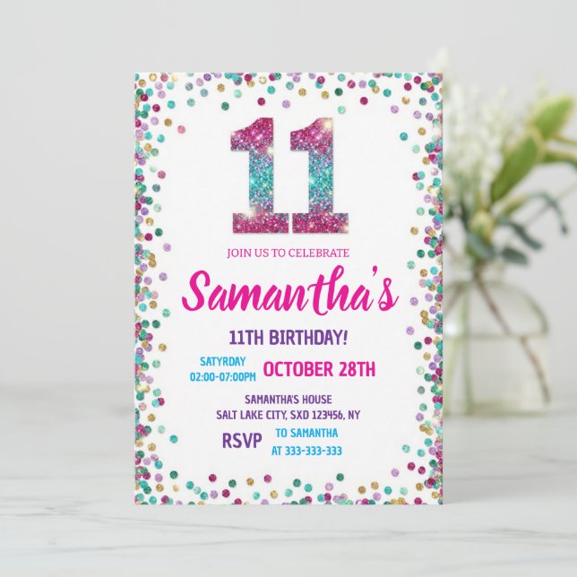 Invitación Fiesta de cumpleaños número 11 con destellos de ar (Anverso de pie)
