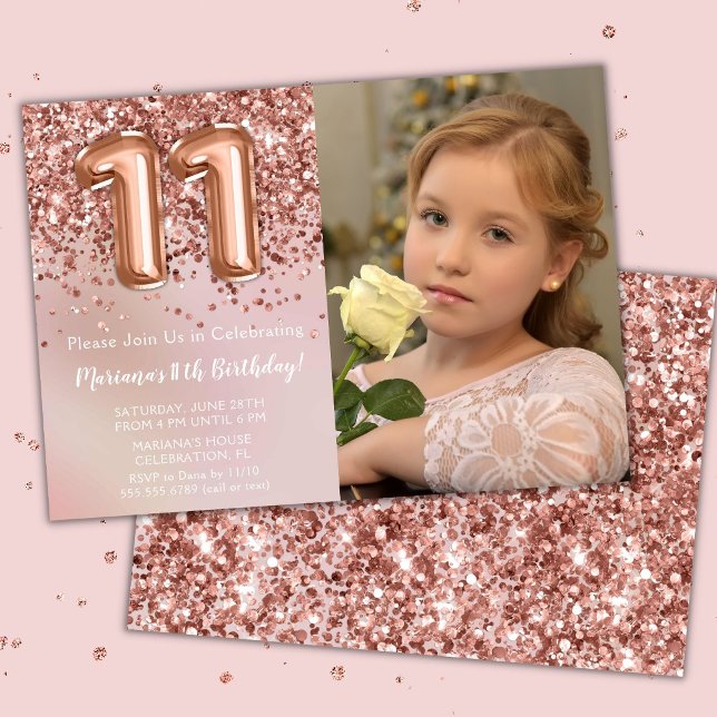 Invitación Fiesta de cumpleaños número 11 de niña en rosa oro (Subido por el creador)