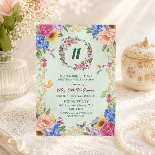 Invitación Fiesta de cumpleaños número 11 de Royal Gold Flora