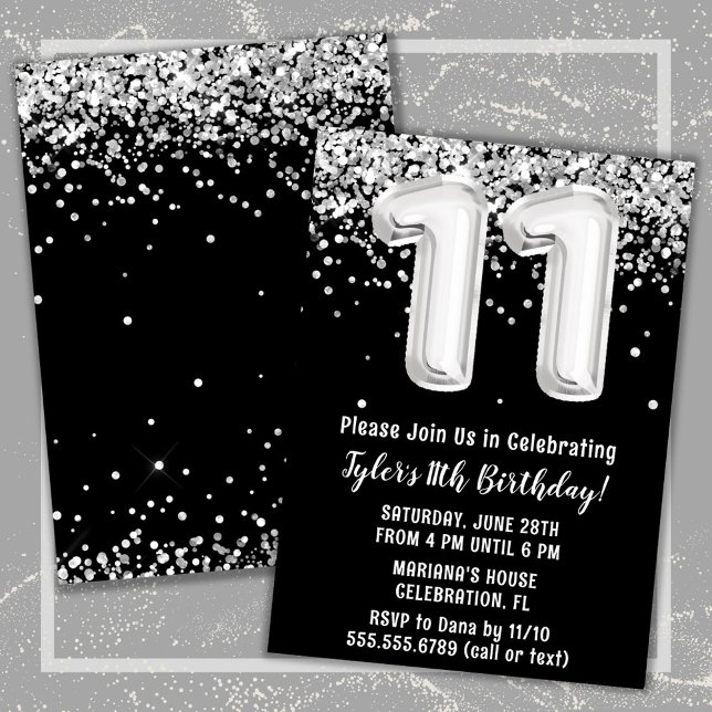 Invitación Fiesta de cumpleaños número 11 en blanco y negro (Black and White 11th Birthday Party Invitation)