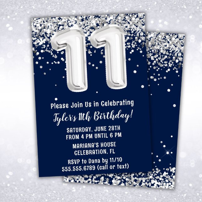 Invitación Fiesta de cumpleaños número 11 Navy Blue Silver (Subido por el creador)
