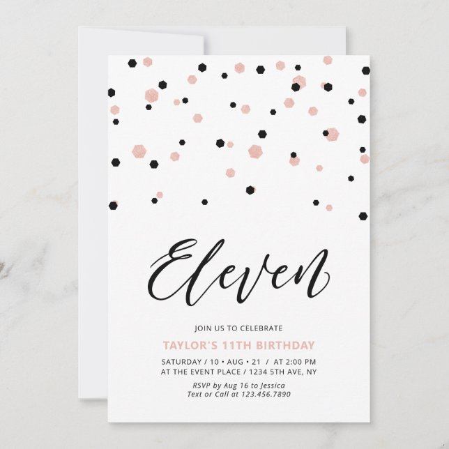 Invitación Fiesta de cumpleaños número 11 simple con negro y  (Anverso)