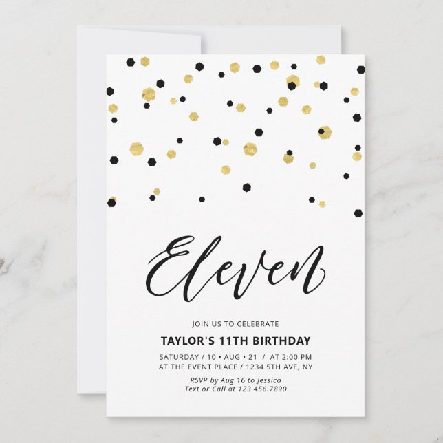 Invitación Fiesta de cumpleaños número 11 simple en negro y d (Anverso)