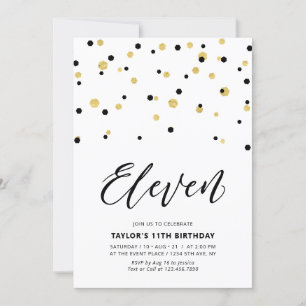 Invitación Fiesta de cumpleaños número 11 simple en negro y d