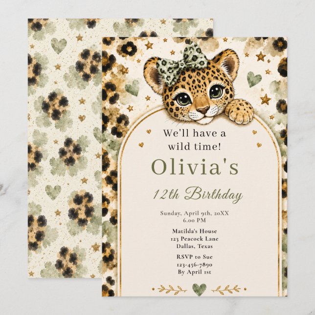 Invitación Fiesta de cumpleaños número 12 de Leopardo Salvaje (Anverso / Reverso)