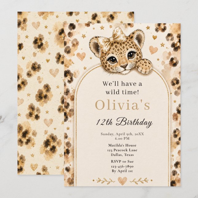 Invitación Fiesta de cumpleaños número 12 de Leopardo Salvaje (Anverso / Reverso)
