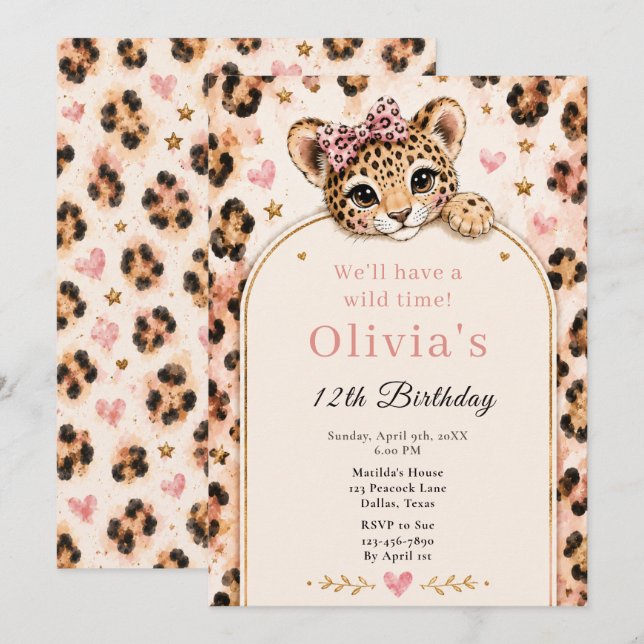 Invitación Fiesta de cumpleaños número 12 de Leopardo Salvaje (Anverso / Reverso)
