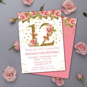 Invitación Fiesta de cumpleaños número 12 de Rosas Rosadas Fl