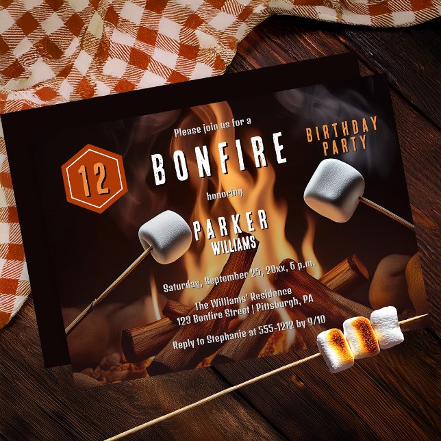 Invitación Fiesta de cumpleaños número 12 del malvavisco de l (Bonfire Marshmallow Roast 12th Birthday Party Invitation - Print | Digital Download)