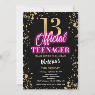 Invitación Fiesta de cumpleaños número 13 de color rosa neón