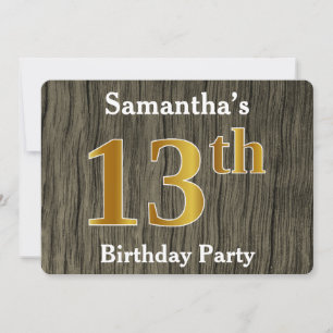 Invitación Fiesta de cumpleaños número 13 de Faux Gold, rústi