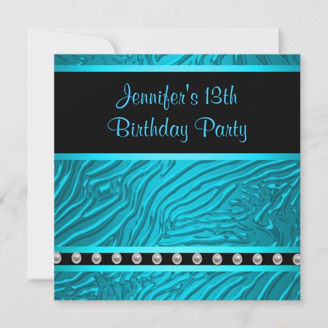 Invitación Fiesta de cumpleaños número 13 de niñas cebra azul (Anverso)