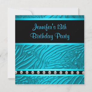 Invitación Fiesta de cumpleaños número 13 de niñas cebra azul