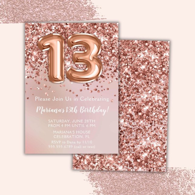 Invitación Fiesta de cumpleaños número 13 elegante de oro ros (Subido por el creador)