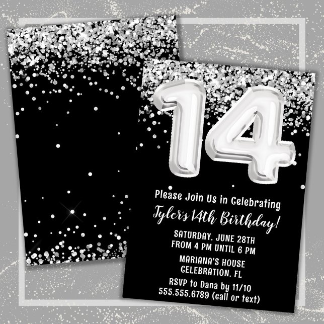 Invitación Fiesta de cumpleaños número 14 Black White Silver (Black and White 14th Birthday Party Invitation)
