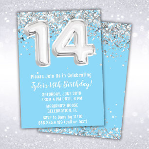 Invitación Fiesta de cumpleaños número 14 de Light Blue Silve