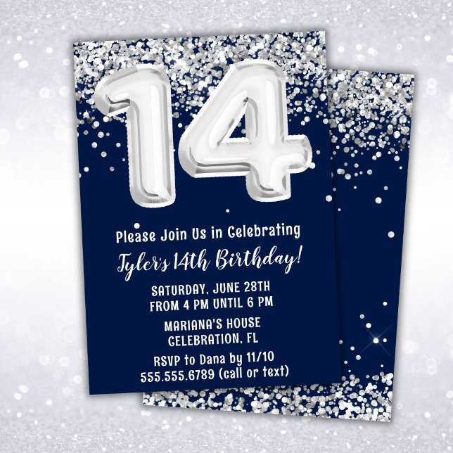 Invitación Fiesta de cumpleaños número 14 de Navy Blue Silver (Subido por el creador)