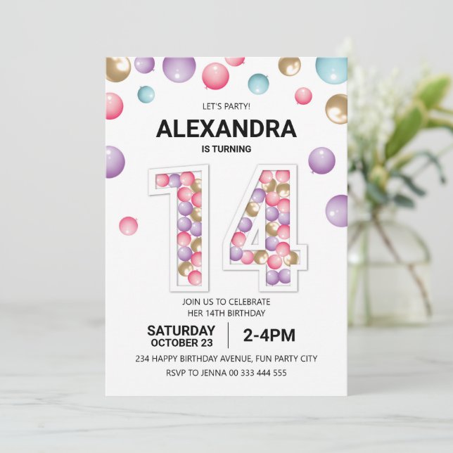 Invitación Fiesta de cumpleaños número 14 del arcoiris, Chica (Anverso de pie)
