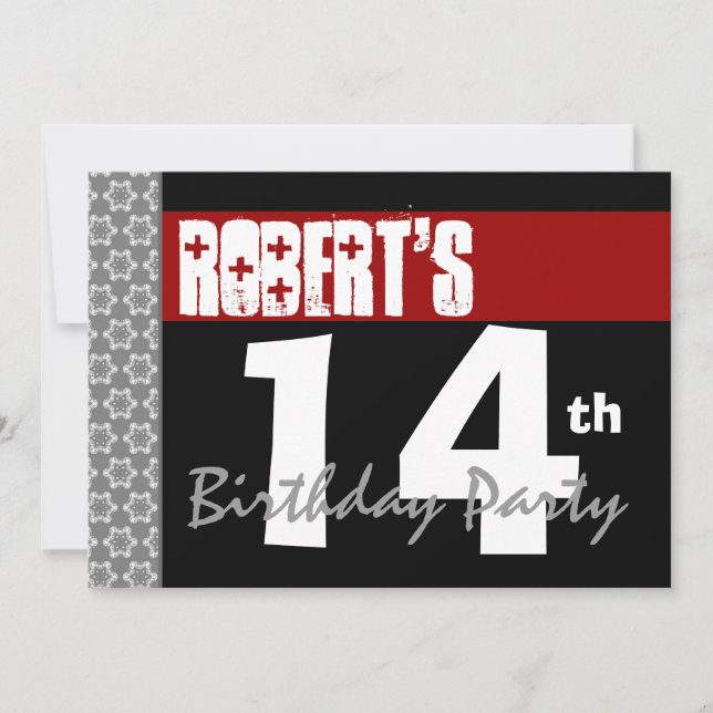 Invitación Fiesta de cumpleaños número 14: negro moderno y bl (Anverso)