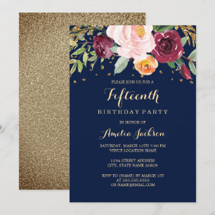 Invitación Fiesta de cumpleaños número 15 Burgundy Navy Flora