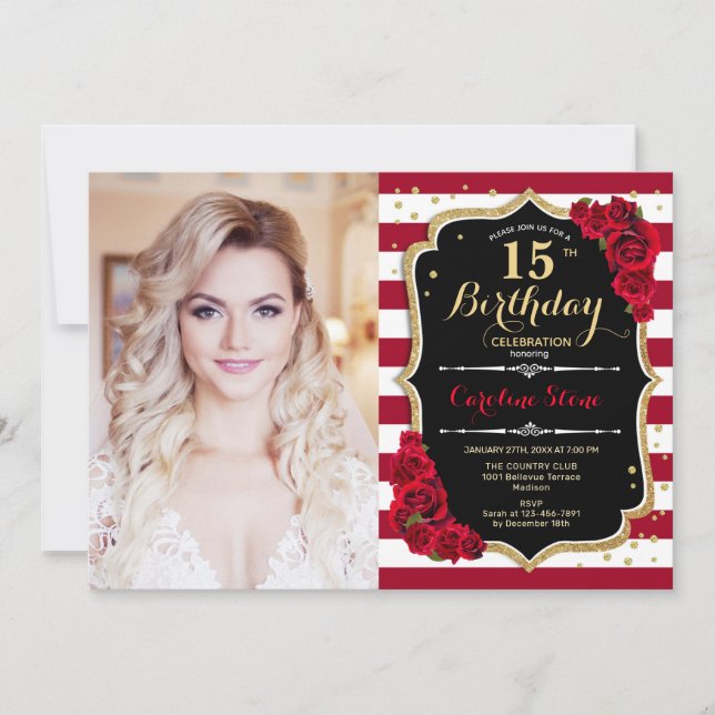Invitación Fiesta de cumpleaños número 15 con foto - Oro rojo (Anverso)