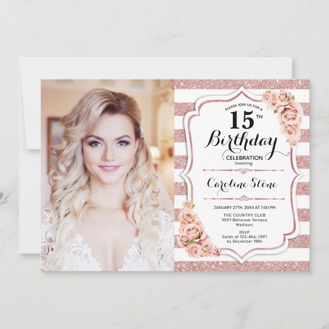 Invitación Fiesta de cumpleaños número 15 con foto - Rosa Oro (Anverso)