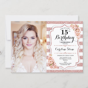 Invitación Fiesta de cumpleaños número 15 con foto - Rosa Oro