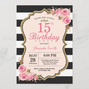 Invitación Fiesta de cumpleaños número 15 de Floral Pink Peon