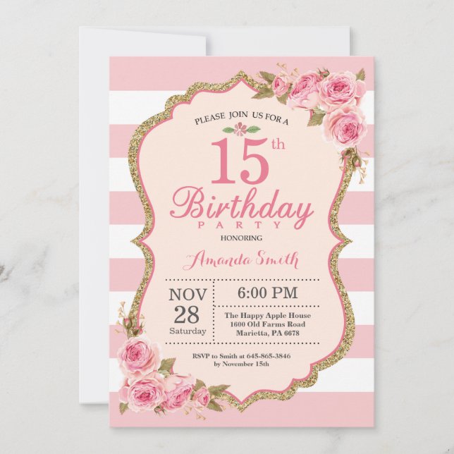 Invitación Fiesta de cumpleaños número 15 de Floral Pink Peon (Anverso)