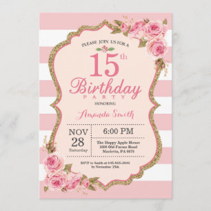 Invitación Fiesta de cumpleaños número 15 de Floral Pink Peon