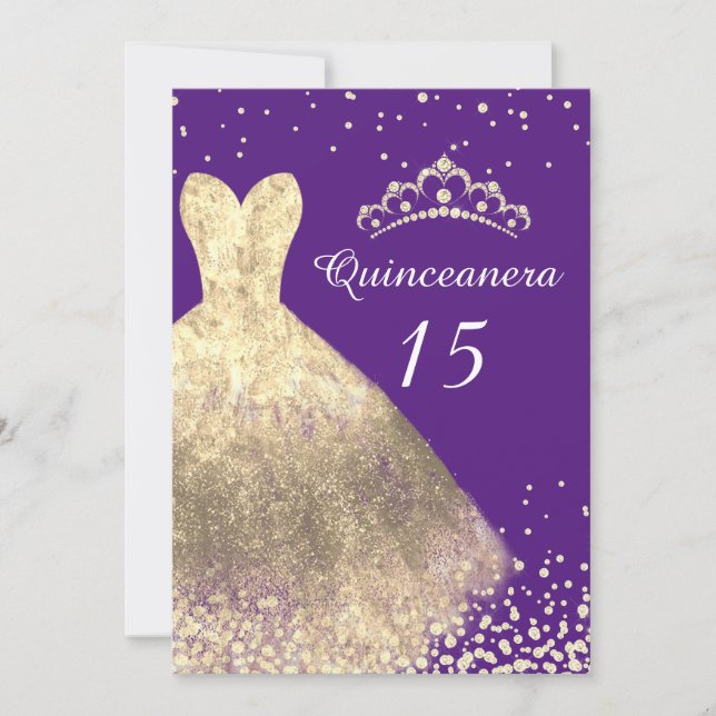 Invitación Fiesta de cumpleaños número 15 de Gold Dress Purpl (Anverso)