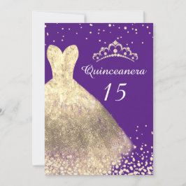 Invitación Fiesta de cumpleaños número 15 de Gold Dress Purpl